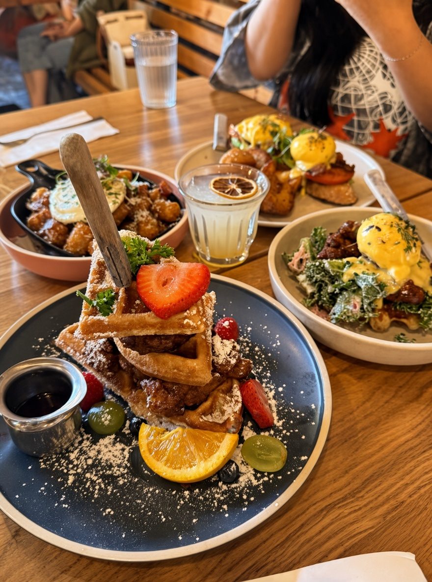 Mesa de brunch con waffles y bebidas